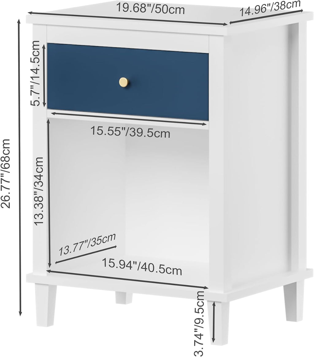 Kids Nightstand with Drawer and Shelf, Wood Bedside Table, Navy Blue | Kids nightstand with drawer and open shelf keeps books, toys, and bedtime essentials organized and within easy reach.