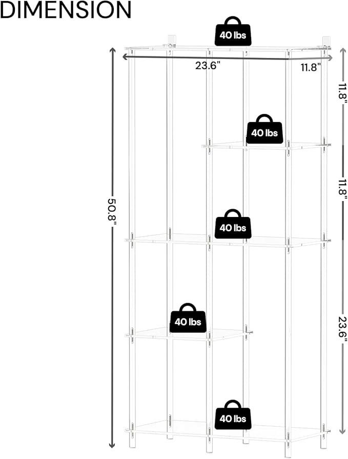 Acrylic 6-Cube Bookshelf, 11.8" D x 23.6" W x 50.8" H, 5-Tier Clear Geometric Bookcase, Modern Open Display Book Shelf for Living Room, Bedroom, Office, Easy Assembly