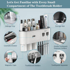 Toothbrush Holders Wall Mounted, Toothbrush Holder with Automatic Toothpaste Dispensers, 6 Brush Slots, 3 Magnetic Cups,1 Cosmetic Drawer Organizer and 1 Large Storage Tray