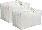 Soft Large Canvas Comforter Storage Bags with Four Carrying Handles and Clear Window, Closet Organizer for Clothing, Blankets Sheets Pillows and Bedding, 80L, 2 Pack, White
