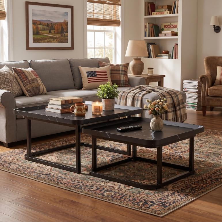 Set of2 Nesting Coffee Tables, Space‑Saving Side Table Set,Black | Stackable ...