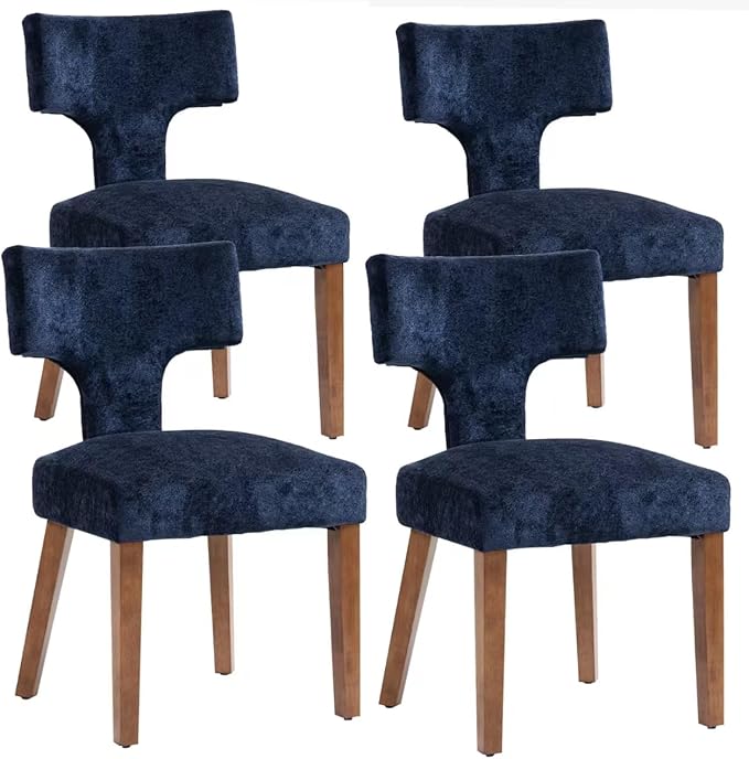Soft Padded Dining Chairs Set of 4, Modern Farmhouse Upholstered Chairs with Linen Fabric & Rubber Wood Legs, Ergonomic Armless Seats for Dining Room Kitchen Living Room (Blue)