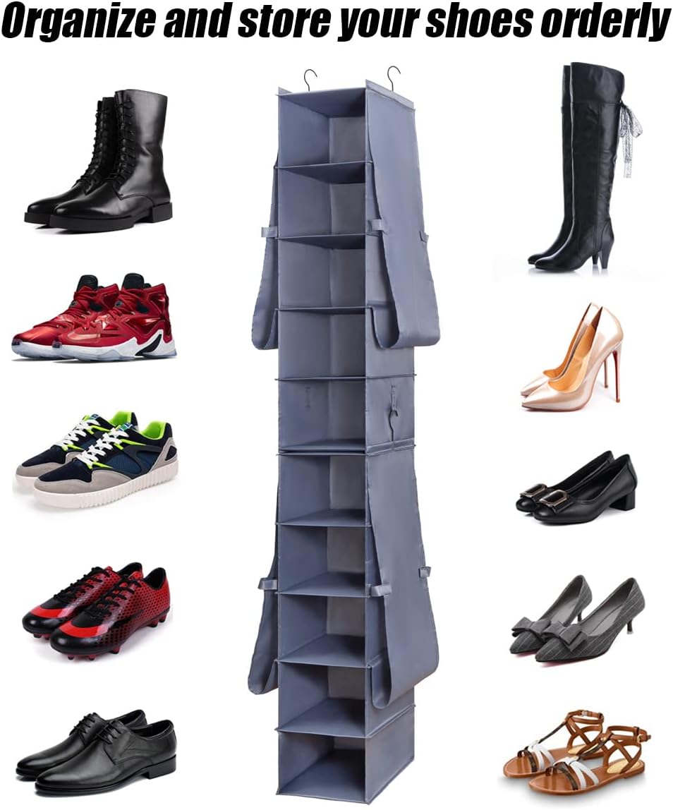 Hanging Shoe Organizer for Closet Footwear Boots Storage Shelf | Hang Closet Organization Storing Shelves Rack Display Shoes Boots Clothes 10-Shelf 4 Pockets Space Saver Oxford Cloth 2 Pack