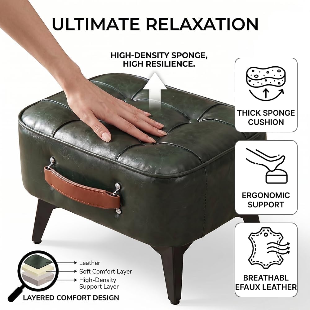 Vintage Style Faux Leather Ottoman Footstool - Wooden Frame, Upholstered Inte...