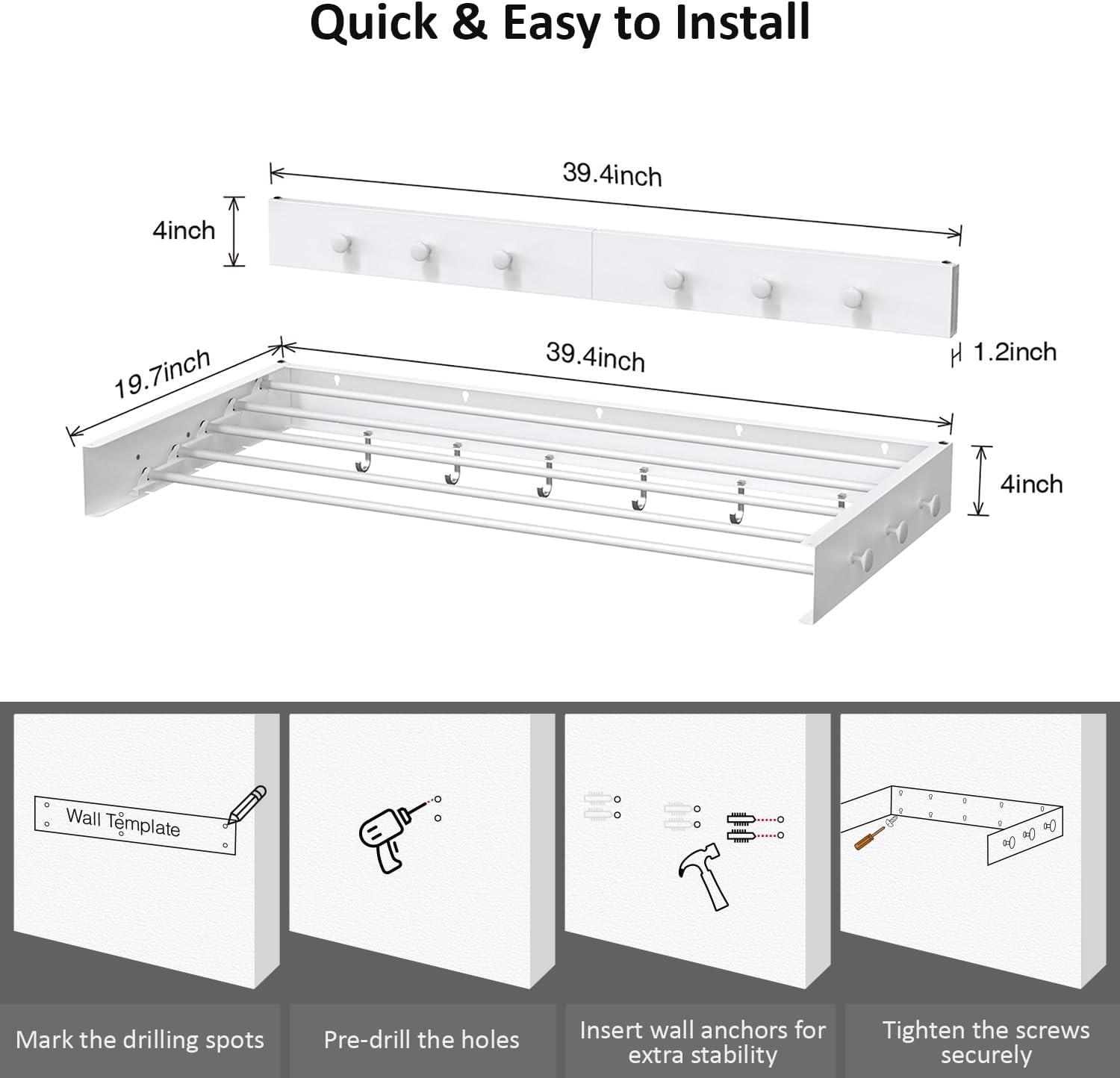 Drying Rack Clothing,Clothes Drying Rack Wall Mounted,Laundry Drying Rack Wall Mount,Foldable,Collapsible,60 lb Capacity 5 Aluminium Poles with 12 Hooks,Space Saving Clothes Drying Rack,White 40"