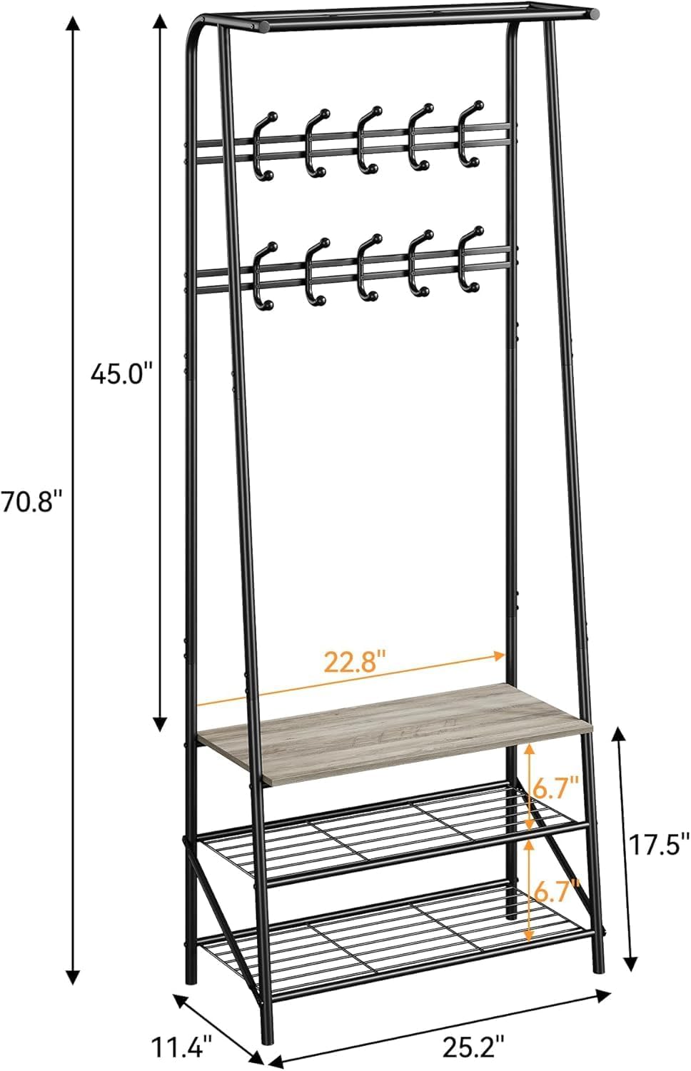 IDEALHOUSE Coat Rack Shoe Bench with 10 Hooks, Hall Trees Entryway Bench with Storage, Multifunctional Hallway Organizer, Wood Look Accent Furniture (Grey, 10 hooks-25.2 in)