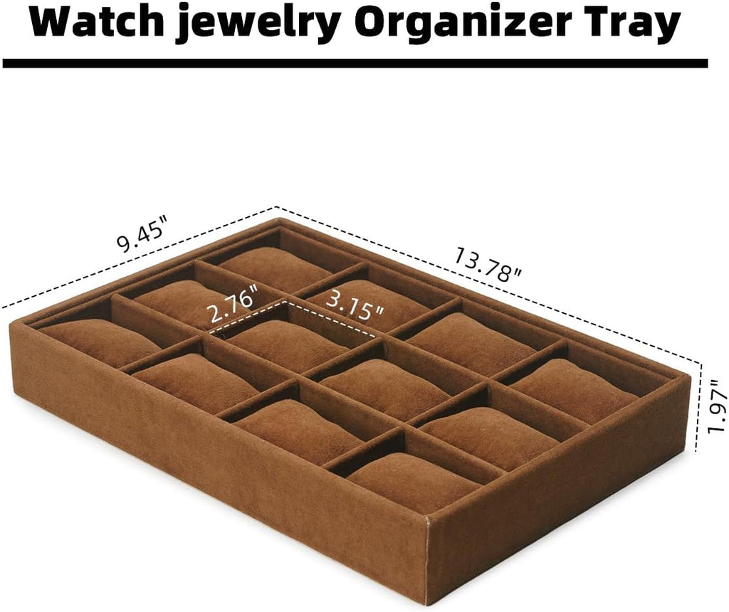 Jewelry Watch Tray, Coffee Velvet Watch Jewelry Organizer 12 Grid, Stackable Watch Bracelet Bangle Display Holder, Adjustable Pillows, for Man Woman Show Birthday