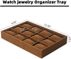 Jewelry Watch Tray, Coffee Velvet Watch Jewelry Organizer 12 Grid, Stackable Watch Bracelet Bangle Display Holder, Adjustable Pillows, for Man Woman Show Birthday