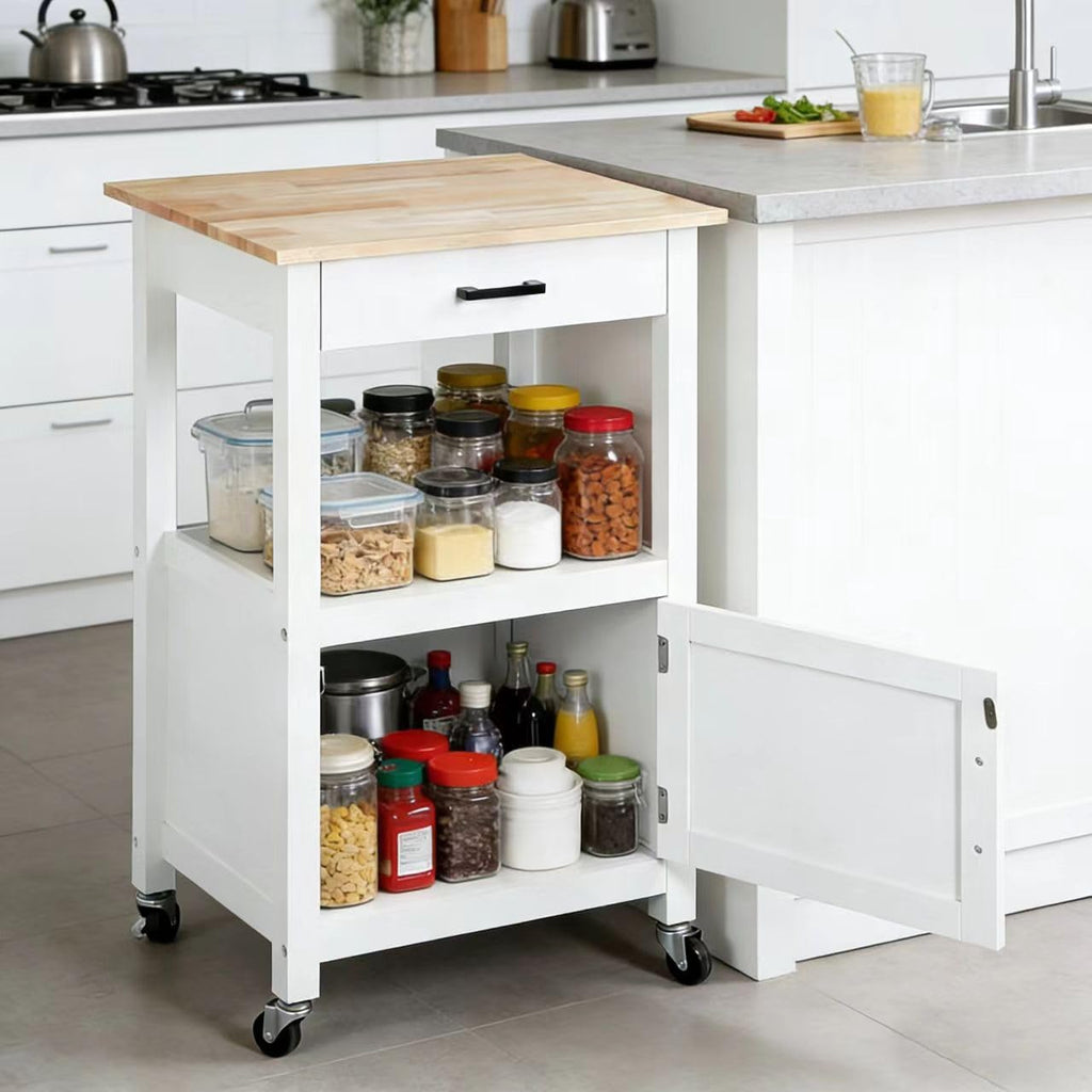 ZENY Rolling Kitchen Island Cart with Storage Cabinet and Shelf, Kitchen Cart with Drawer on Wheels, Small Home Coffee Bar, Microwaves Stand with 3 Side Hooks for Dining Room, White