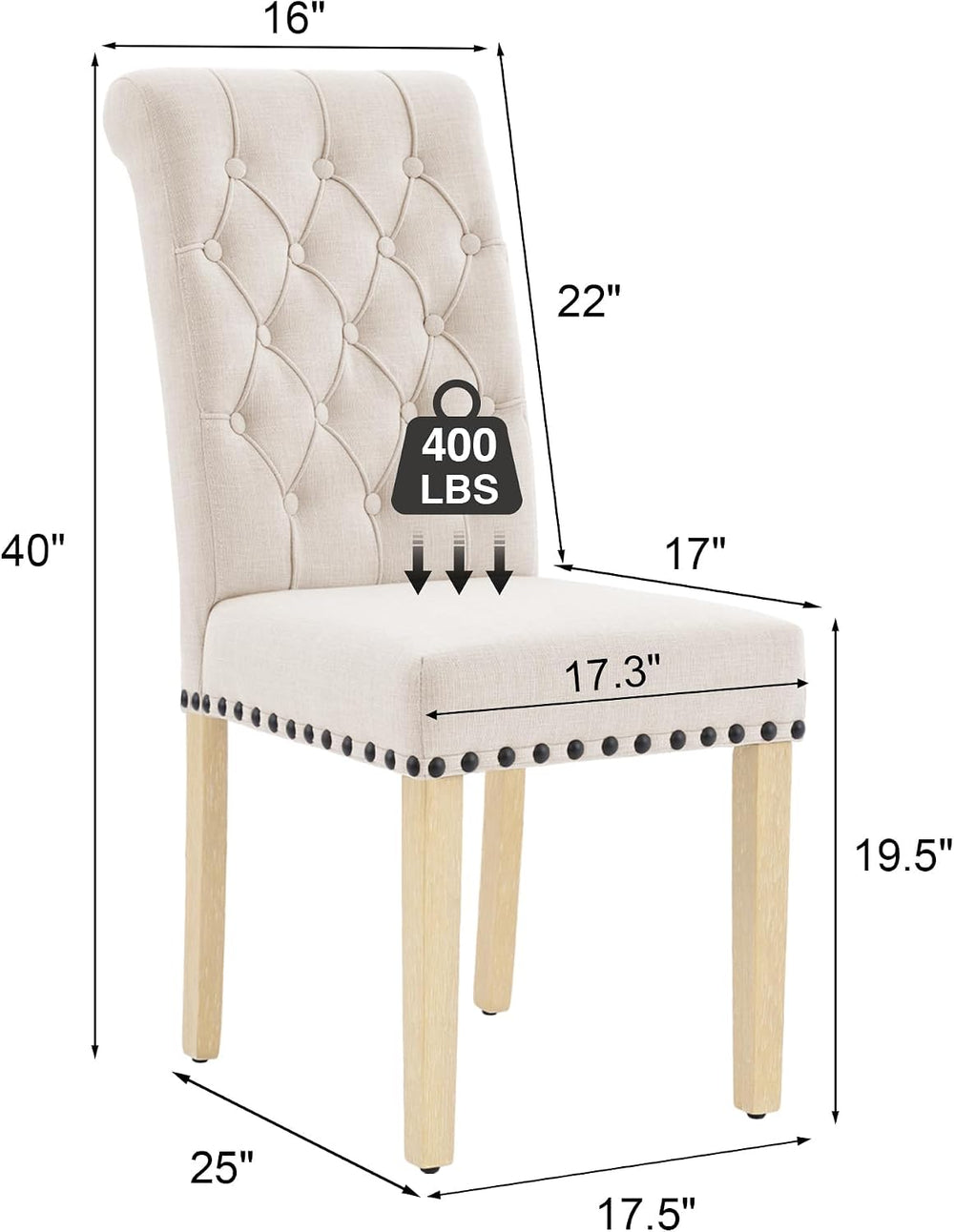 adochr Dining Chairs Set of 2, Linen Armless Parsons Chairs,Beige | Wooden Le...