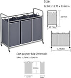 LINZINAR 3-Bag Laundry Sorter,Laundry Hamper Cart with Heavy Duty Rolling Lockable Wheels and Removable Bags (Grey)