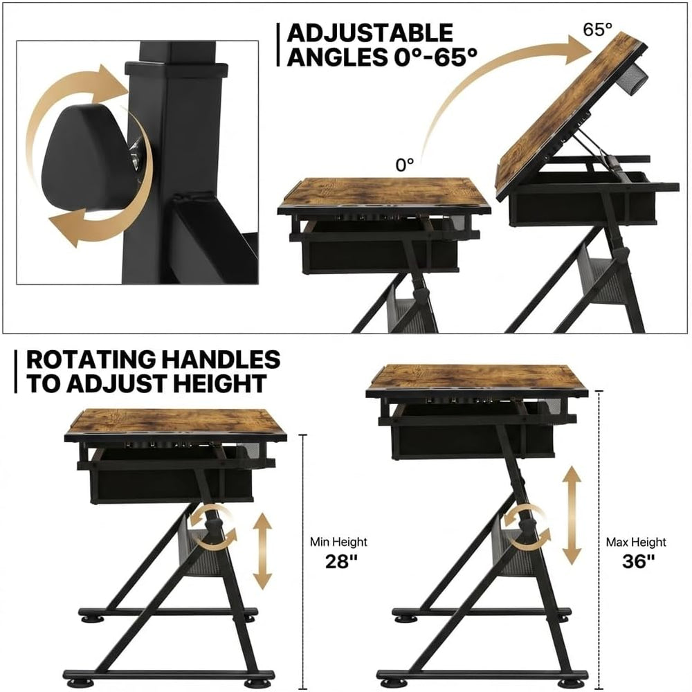 Drafting Table with Storage & Stool: Adjustable Tilting Art Desk, 2 Drawe...