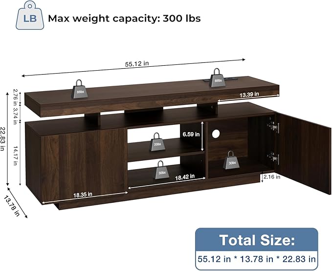 HOMMPA Modern LED TV Stand for 65/60/55 inch TV with Power Outlets, Gaming Console Storage Entertainment Center with LED Lights Game Cabinet for Living Room Walnut