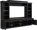 Farmhouse 4-Piece Entertainment Center with Bookshelf for TVs Up to 70", TV Stand with Adjustable Shelves, Mid-Century Media Console with Wine Rack for Living Room (Black+Dark Walnut1)