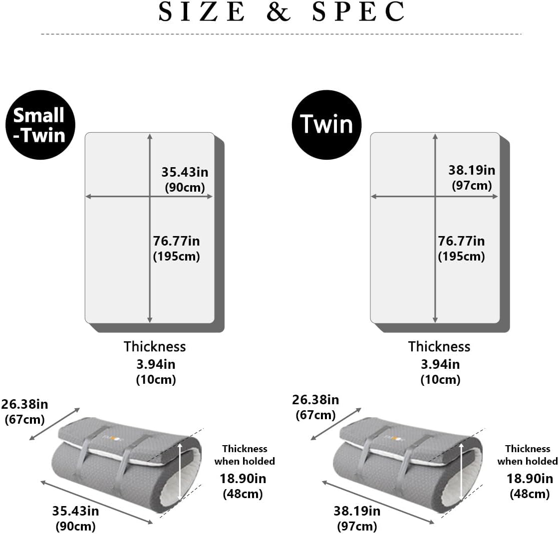 EMOOR Japanese Futon Mattress Roll-Type Relax-2 Twin, High-Resilience Removable & Washable Cover Guest use Tatami Floor Sleeping Space-Saving Minimalist