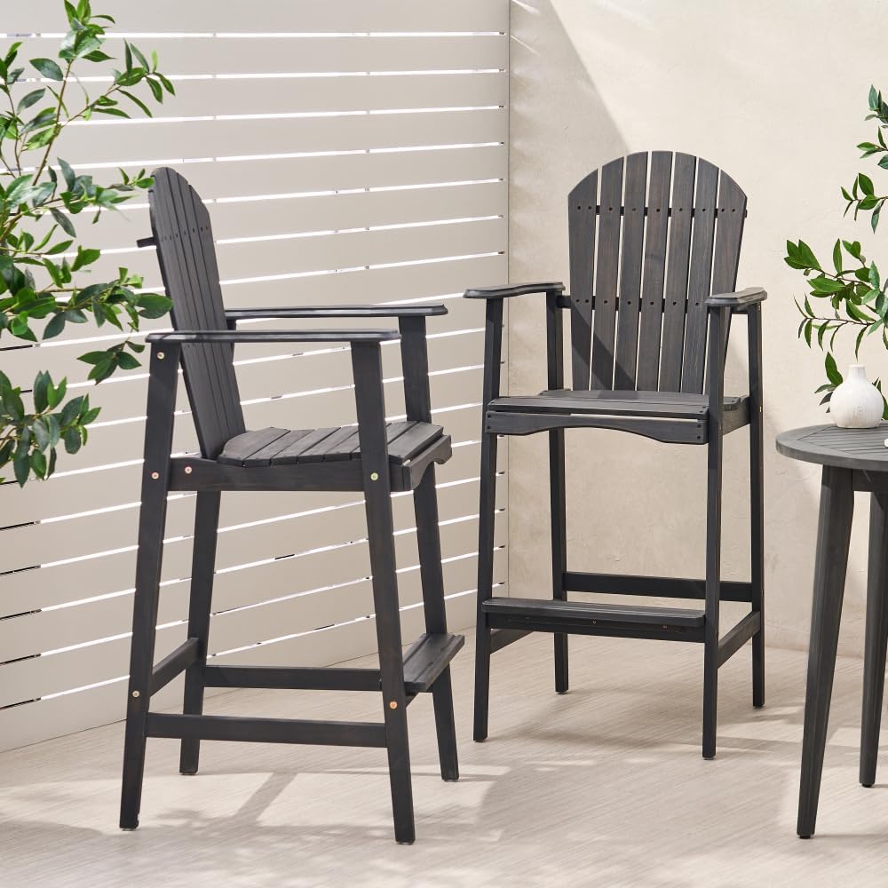 Saiveina Outdoor Acacia Wood Adirondack Barstools, Set of 2, Dark Gray