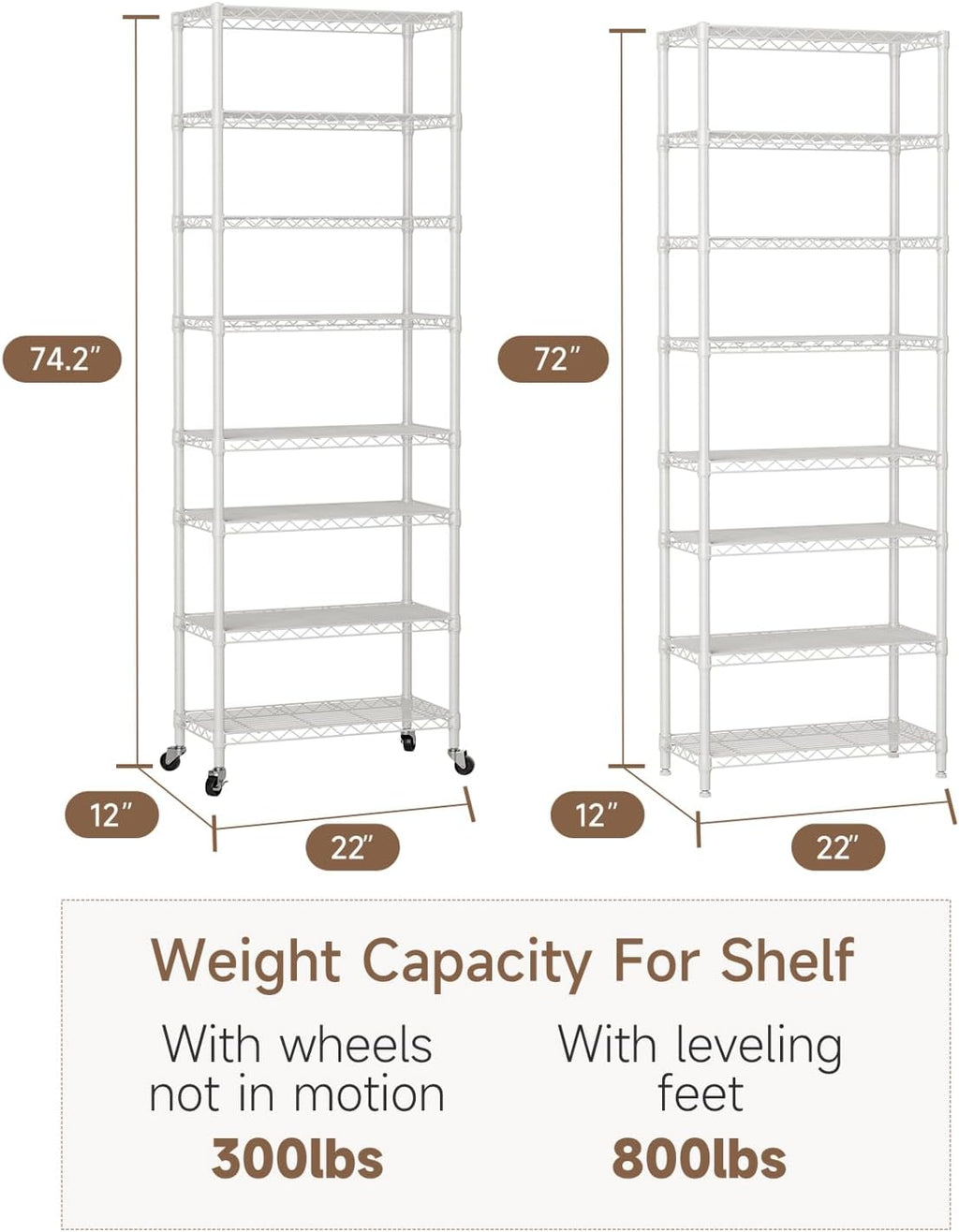 8 Tier Shelves Storage Shelf Wire Closet Bathroom Organizers Metal Pantry Kitchen Garage Shelving Unit Laundry Room Organization Home Rack Net Basket Black with Wheels 12”D X 22”W X 74.2”H