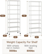 8 Tier Shelves Storage Shelf Wire Closet Bathroom Organizers Metal Pantry Kitchen Garage Shelving Unit Laundry Room Organization Home Rack Net Basket Black with Wheels 12”D X 22”W X 74.2”H