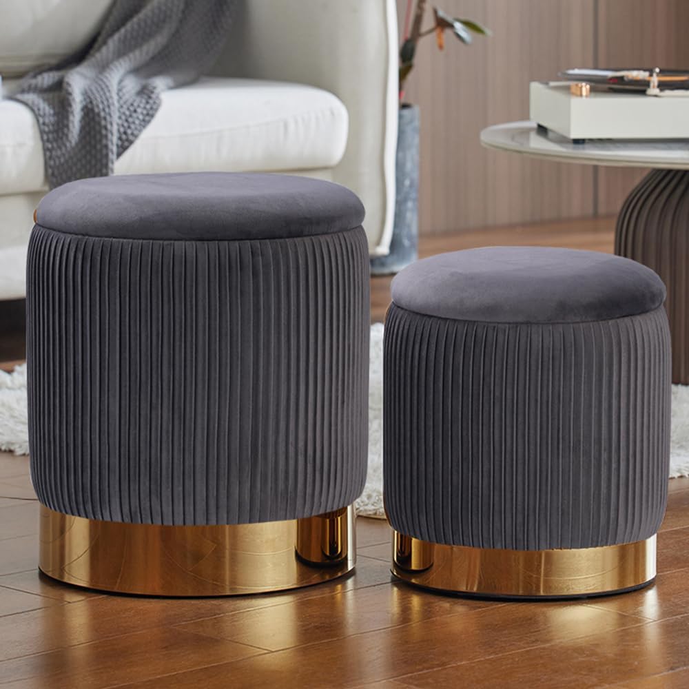 Round Ottoman with Storage Set of 2 Upholstered Velvet Vanity Stool Small Ott...