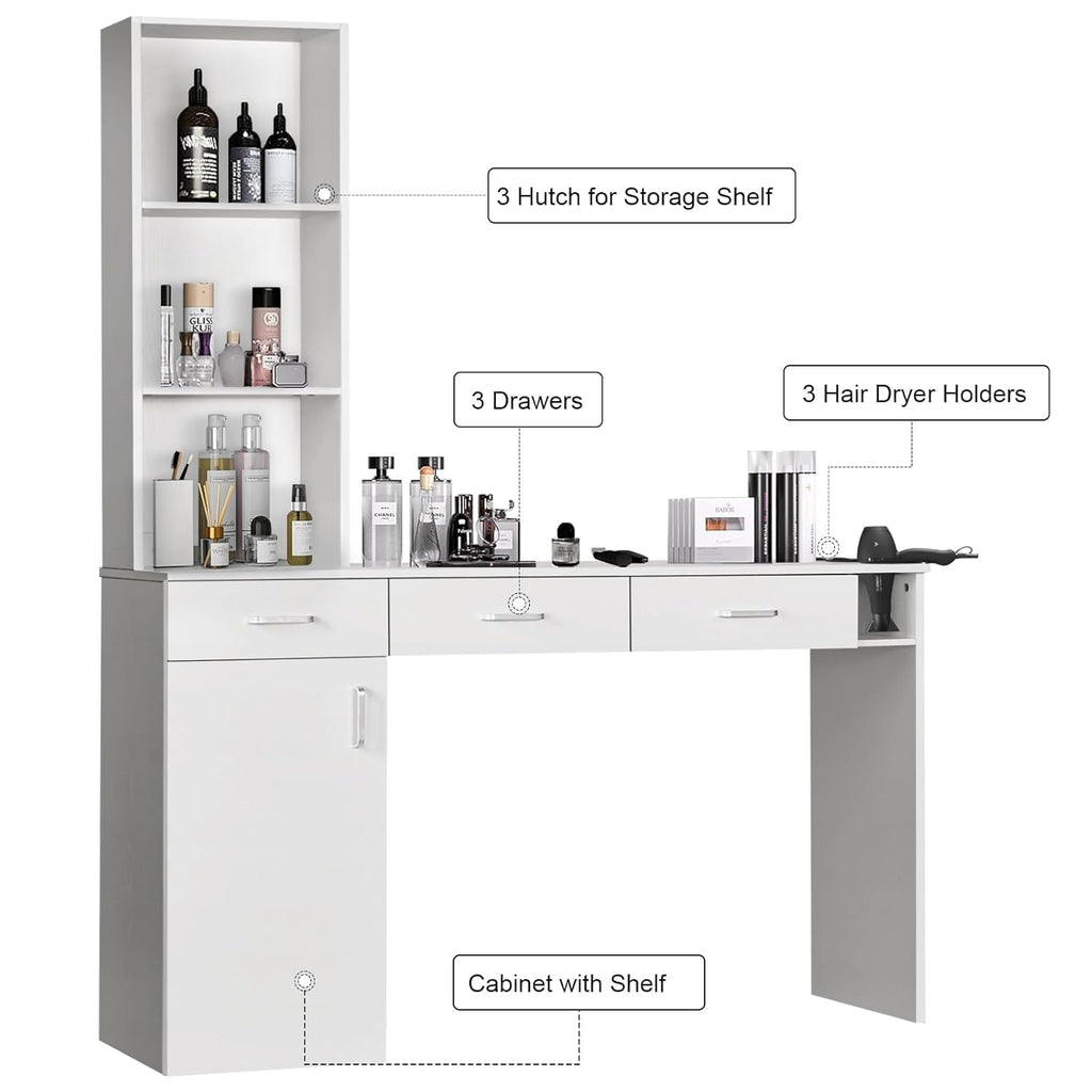 4ever2buy Hair Salon Station for Hair Stylist, Salon Wall Station with Barber Cabinet, Barber Stations Equipment Hair Dryer Holder, Drawers (White)
