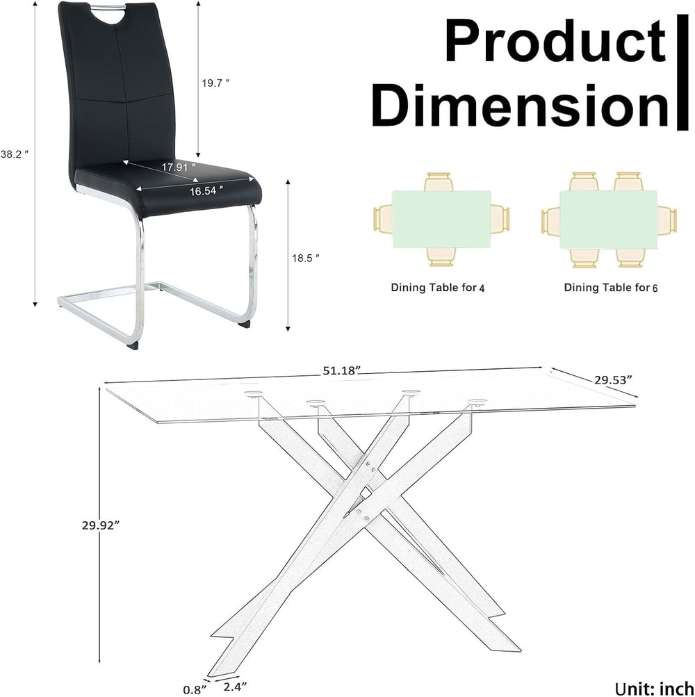 Modern Black Glass Dining Table Set for 6, Glass Kitchen Table and Chairs Set...
