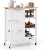 Giantex Kitchen Island Cart on Wheels, Rolling Utility Cart w/Rubber Wood Top, 3 Storage Drawers & 2 Removable Shelves & Removable Tray, Lockable Casters, Serving Cart for Dining Room, Bar, White
