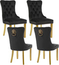 Velvet Dining Chairs Set of 4, Modern Tufted Dining Room Chair, Upholstered Dining Chairs with Lion Head Pulls Ring and Golden Solid Wood Legs, Luxury Kitchen Chairs for Dining Room, Black