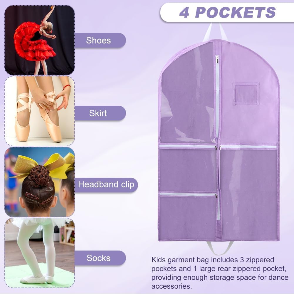 Hanging Dance Garment Bag, 40" Waterproof Hanging Garment Bag with 4 Pockets Kids Garmen-t Bags For Hangin-g Clothes for Dance Costumes,Sports,Theatre,Beauty Pageants(COLOR:Purple)