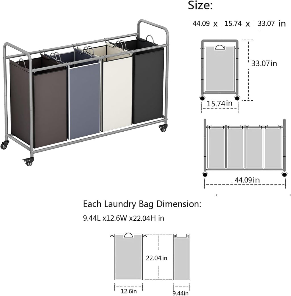 Laundry Sorter 4 Section Hamper Sorter with Heavy Duty Lockable Rolling Wheels Removable Bags Basket Separator for Dirty Clothes Storage, Assorted