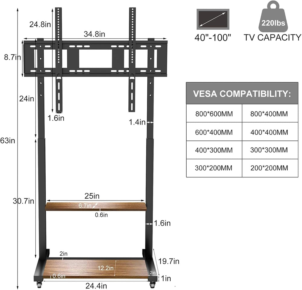 Mobile TV Stand for 40-100 Inch TVs, Max VESA 800x600mm, Walnut | Height Adju...