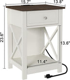 Treocho Farmhouse End Table Set of 2,Nightstand with Charging Station, X-Design Side Table with 2 AC and USB Power Outlets, Small Night Stand with Storage Drawer and Open Shelf for Living Room