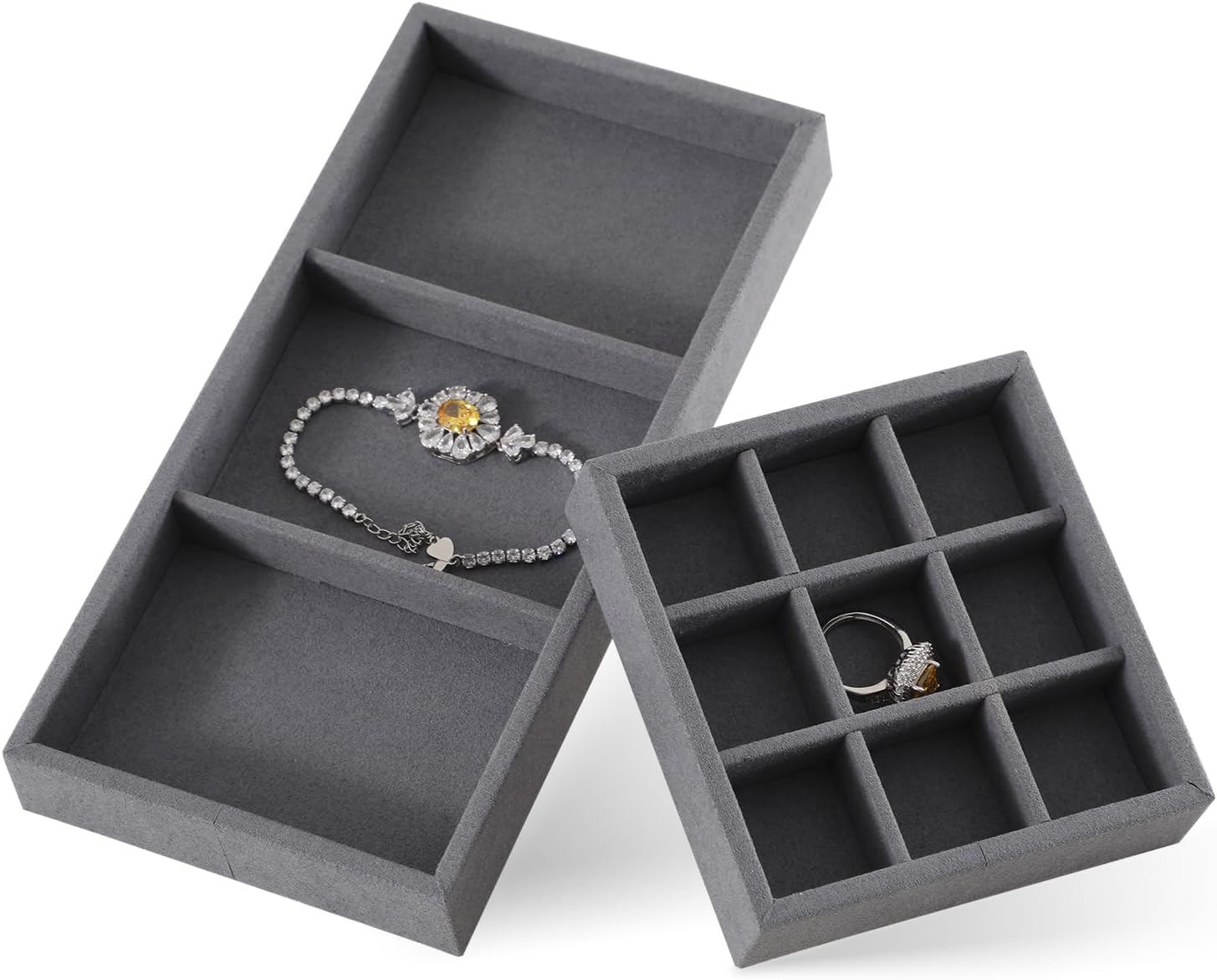 Dark Blue Jewelry Display Tray Ring Necklace Earring Bangle Organizer Multifunctional Storage Case for Jewelry Showcase (Long 3 Grids Tray)