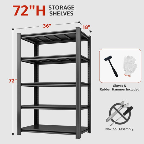 36" W Father&I 5-Shelf-Rack Industrial Heavy-Dudy Adjustable Metal Garage Bin Storage Shelving Stant Shelves Units/Systems Organizer for Basement/Closet/Tote/Pantry, 72" H*36W *18" D, Black