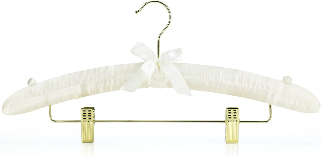 HANGERWORLD Pack of 5 Ivory Satin Padded Hangers with Clips for Skirts, Pants & Sweaters with Non-Slip Buttons, Pretty Hanger for Women Clothing - 17 Inch