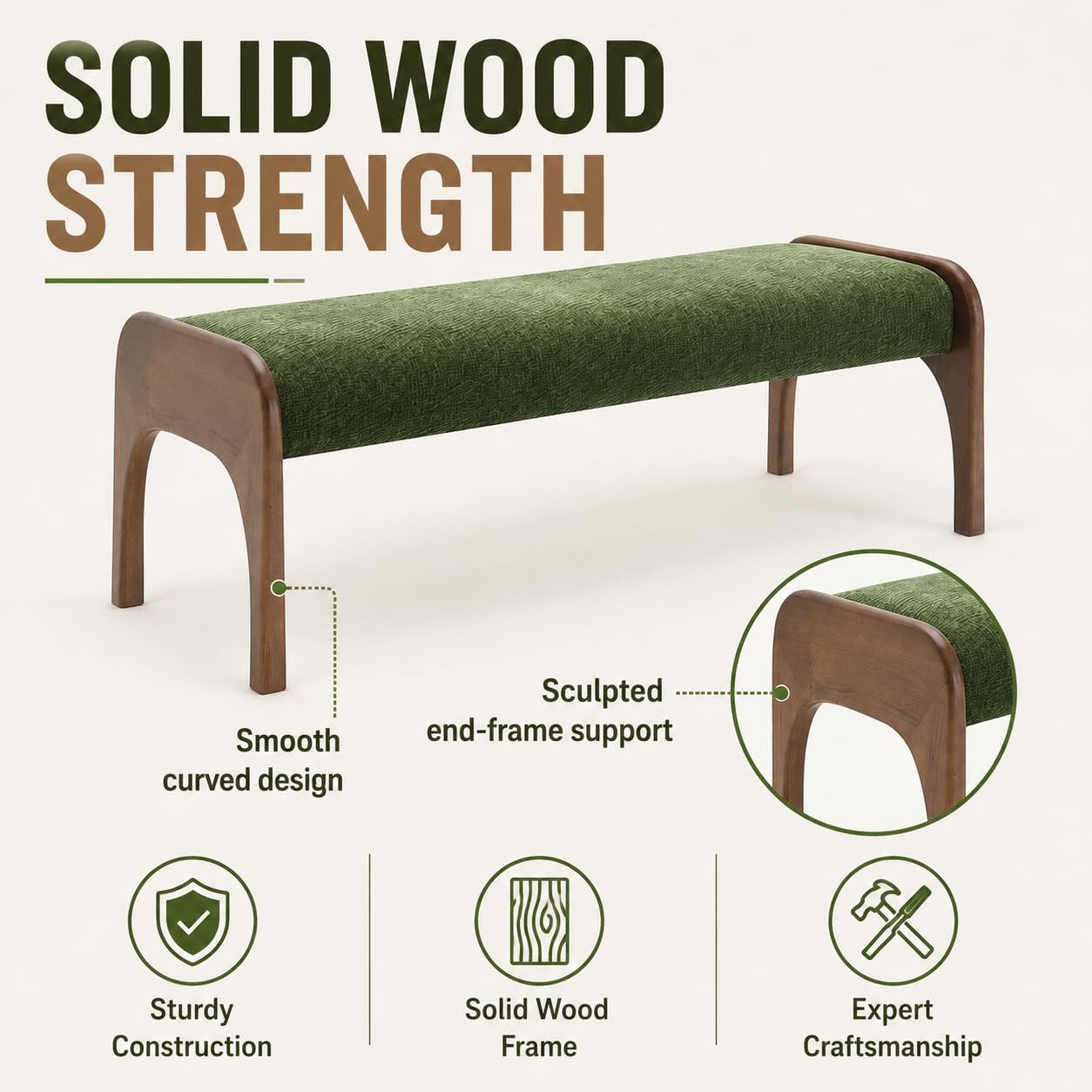 50.25“ Upholstered Bench, Modern Dining Bench with Soft Chenille Fabric, 6" Padded Seat and Rubber Wood Legs, End of Bed Bench for Bedroom, Entryway, Hallway, Living Room (C-Green)