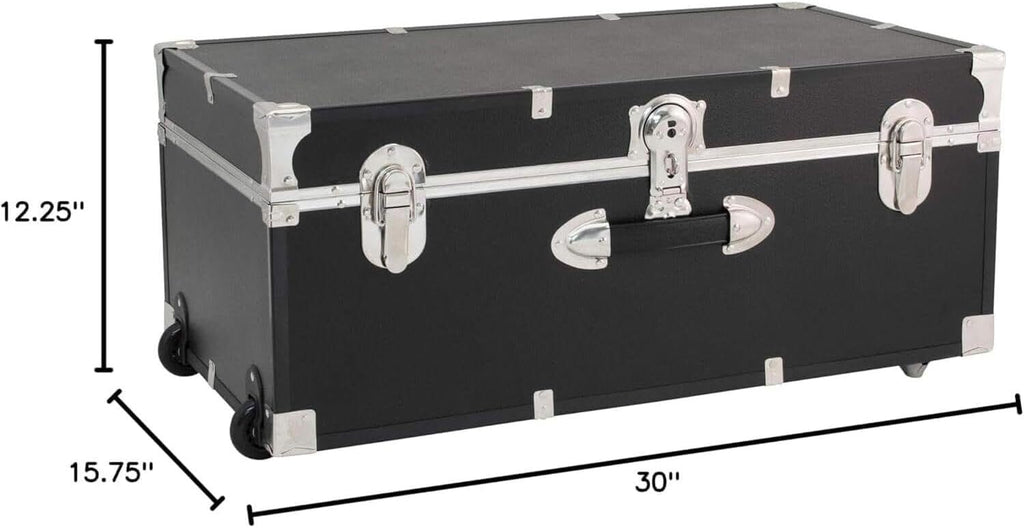 HomeStock Rustic Romance Heavy Duty 30" Under Bed College Storage Trunk with Lock, Latch Closure Type, 15.75" D x 30" W x 12.25" H, Ideal Camp Dorm Room Trunk Footlocker Black