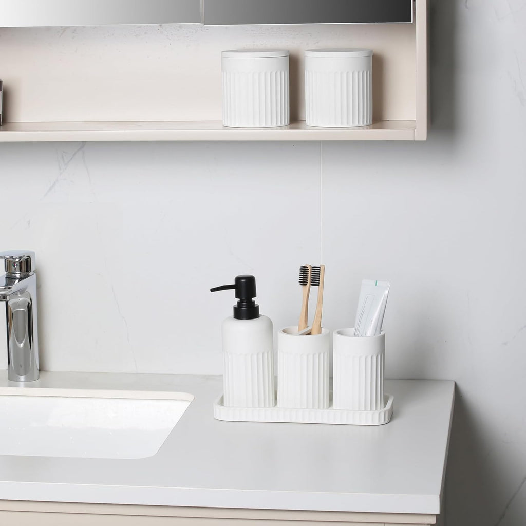 Bathroom Accessory Set - 6 Pieces Bathroom Accessories Set Complete with Soap Dispenser, Toothbrush Holders, Tumbler, Vanity Tray and 2 Qtip Holder for Home Organizer and Decor, White
