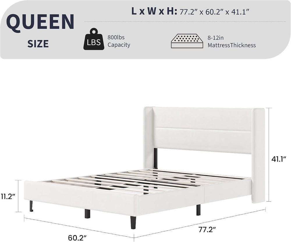 IDEALHOUSE Queen Size Bed Frame, Velvet Bed with Wingback Headboard, White