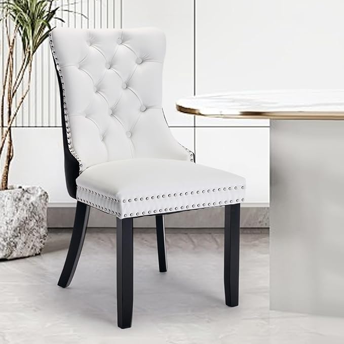 Leather Upholstered Dining Chairs Set of 4, Modern Style Kitchen Side Chairs with Nailhead Trim and Wood Leg, Metal Pulling Ring for Dining Room Living Room(Black&White,Set of)