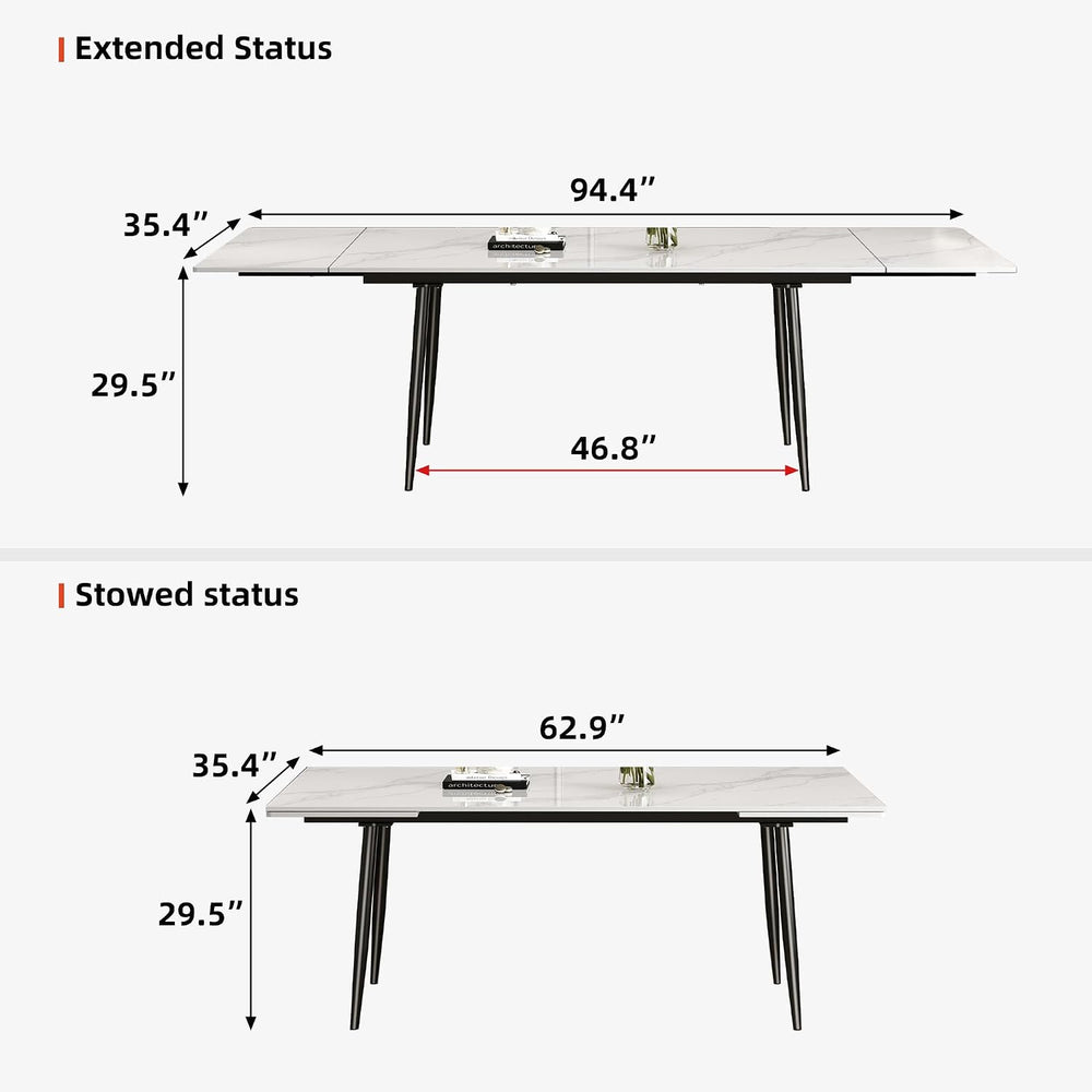 62.9"-94.4" Modern Extendable Dining Table for 6 to 10 Seats, Recta...