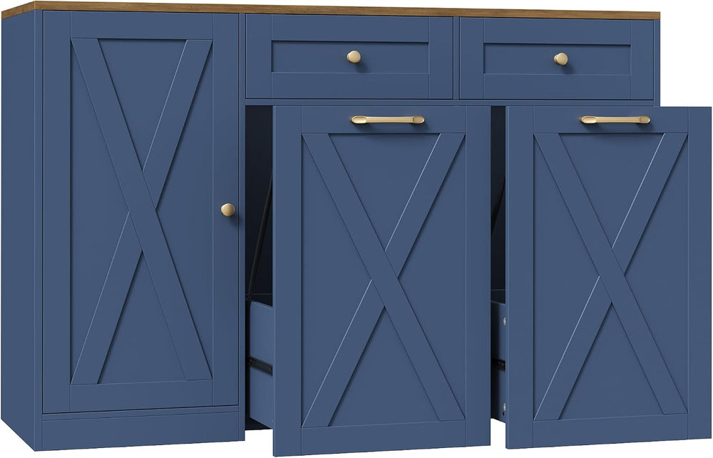 HOSTACK 12.5 Gallon Trash Can Cabinet, 47" W Dual Garbage Can Cabinet, Blue