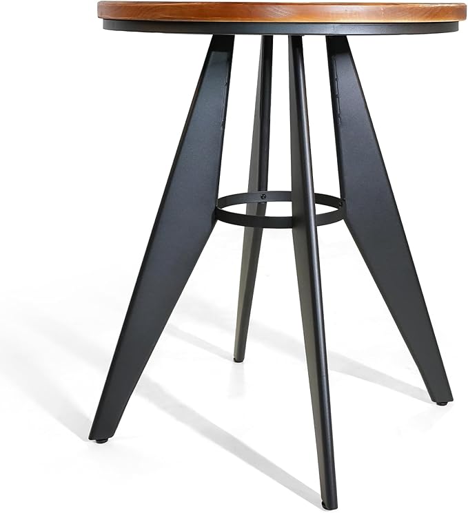 Round Cafe Table - 23.62" Pine Wood Top, Metal Frame, 28.15" High, Modern Industrial Dining Table for Kitchen, Home Office, Bistro, Compact for Space Saving, Black Base Brown Top