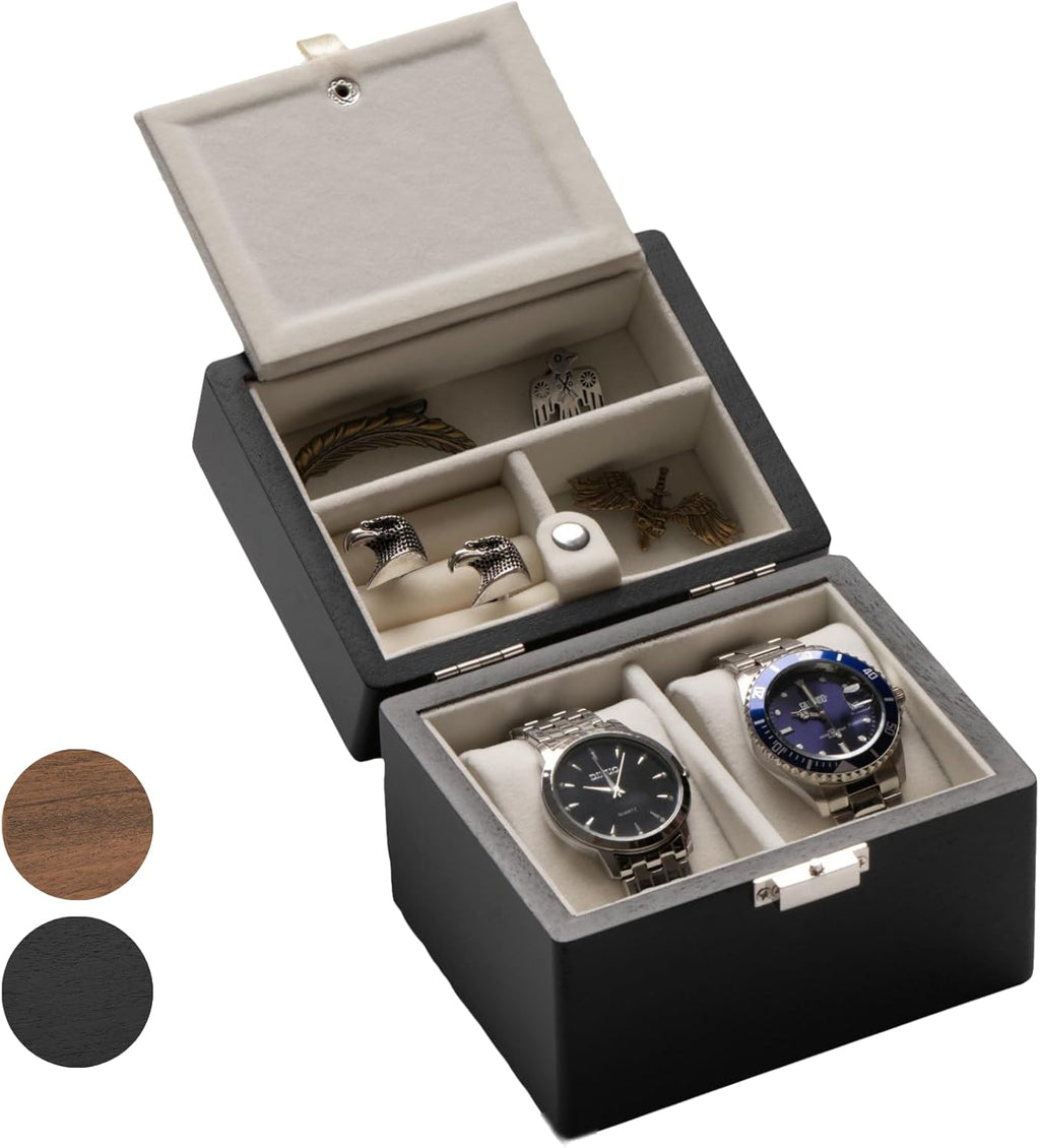 Watch Box, Watch Travel Case for Men, Wood Watch and Jewelry Holder Organizer for Woman, Portable Protection 2-Slot Watch Display Storage Case, Obsidian Black