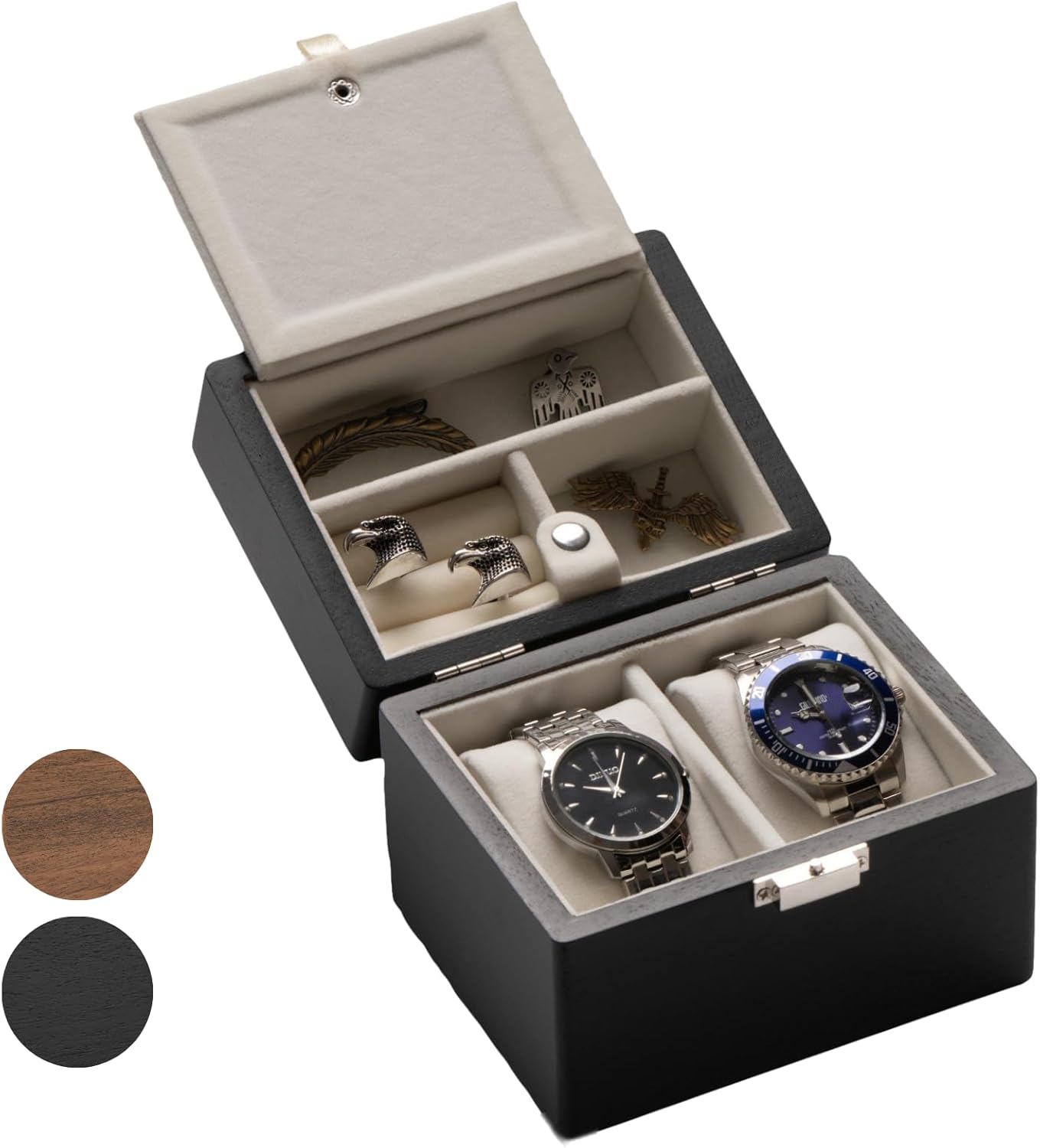 Watch Box, Watch Travel Case for Men, Wood Watch and Jewelry Holder Organizer for Woman, Portable Protection 2-Slot Watch Display Storage Case, Obsidian Black