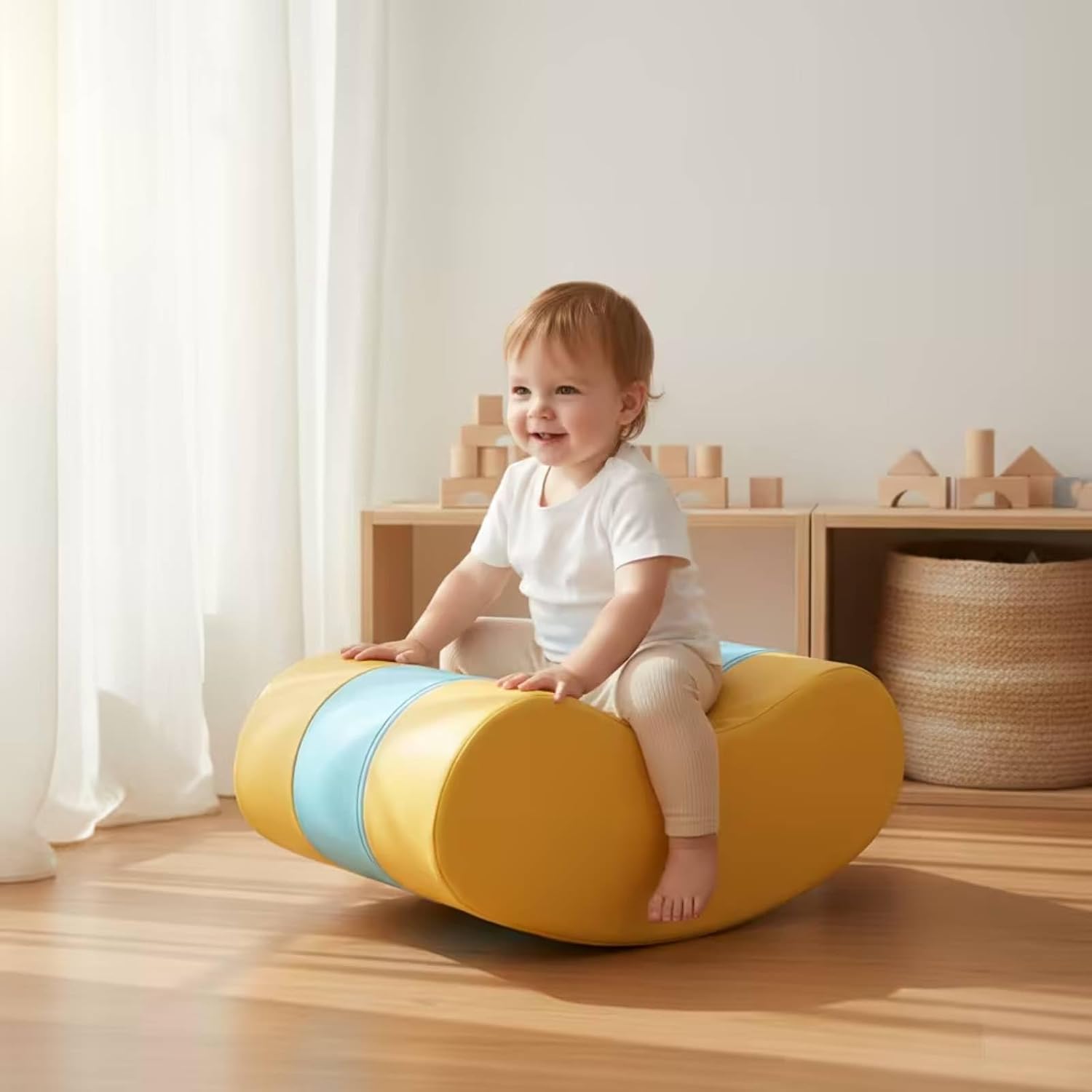 DYNWAVE Children Sensory Rocker Rocking Boat Toy Chair Comfortable Padding Wood Frame PU Leather Easy Care Compact Size Suitable for Kids Activity Corners Daycare playrooms Areas