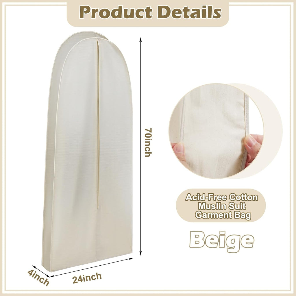 70 Inch Acid Free Cotton Muslin Suit Garment Bag Long Dress Suit Storage Box Closet Organizer for Suits, Coats, Travel Bag