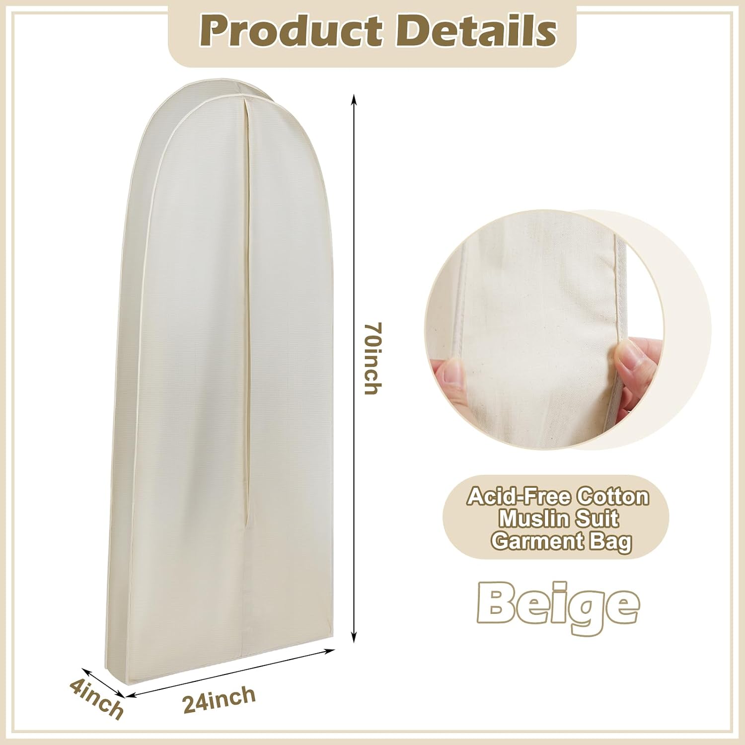 70 Inch Acid Free Cotton Muslin Suit Garment Bag Long Dress Suit Storage Box Closet Organizer for Suits, Coats, Travel Bag