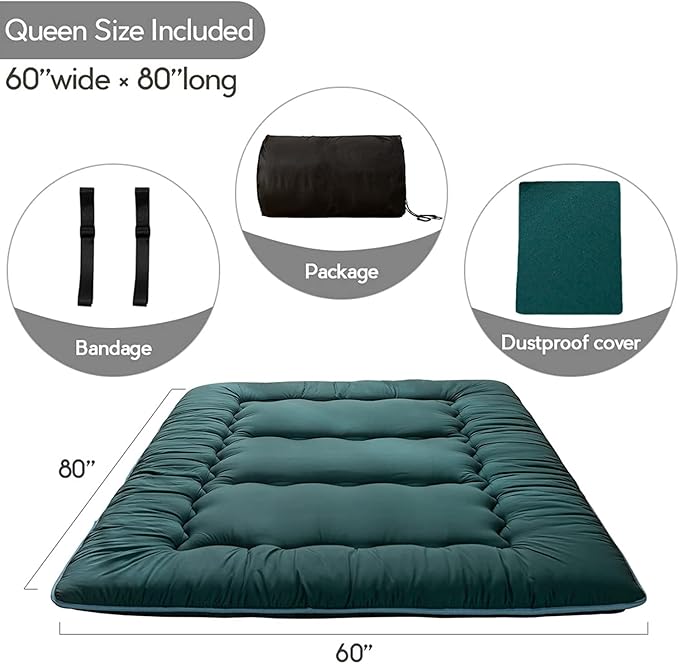 MAXYOYO Japanese Floor Mattress Futon Mattress, 4" Thicken Tatami Mat Sleeping Pad Foldable Roll Up Mat Boys Girls Dormitory Pad Kids Floor Lounger Pillow Bed, Charcoal Grey, Queen Size