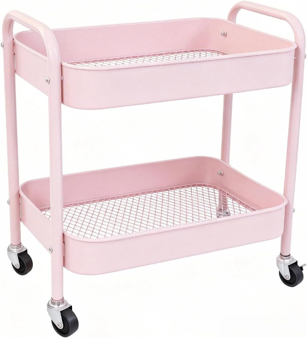 2 Tier Rolling Cart Metal with Wheels Under Desk Storage Cart for Small Space Organization, Small Trolley for Pantry Room Laundry Bathroom Kitchen Office Art Snack Baby Supplies, Pink