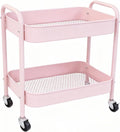 2 Tier Rolling Cart Metal with Wheels Under Desk Storage Cart for Small Space Organization, Small Trolley for Pantry Room Laundry Bathroom Kitchen Office Art Snack Baby Supplies, Pink